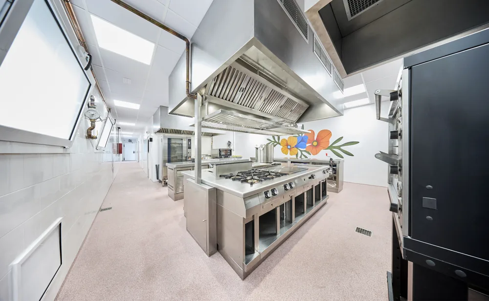 Zona de fogones de la cocina industrial con campana de extracción central